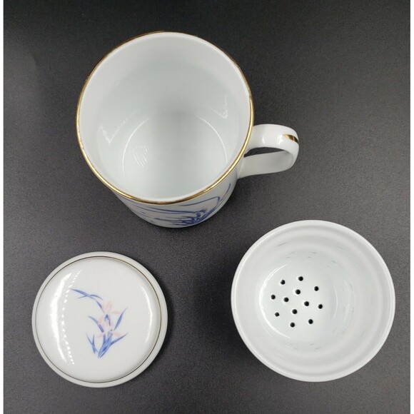 3 Piece Tea Cup Mug with Infuser Strainer and Lid Spring Iris Flowers Pink Blue - Picture 9 of 16